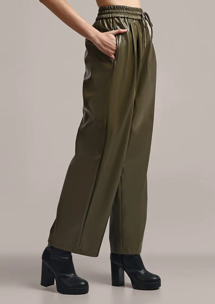 Olive Green Faux Leather Wide leg trousers IKI CHIC