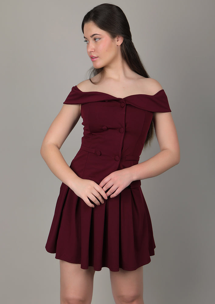 Burgundy Off-Shoulder top with Skirt IKI CHIC Private Ltd.