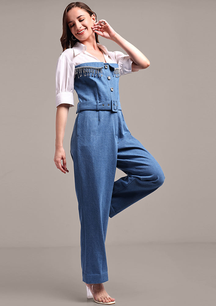 Denim Jumpsuit With Swarouvski Detail And Waist Belt