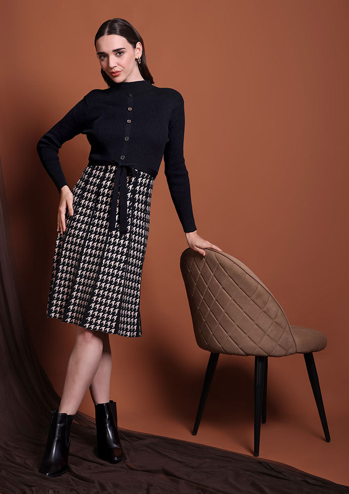 Black Mock Neck Woolen Midi Dress