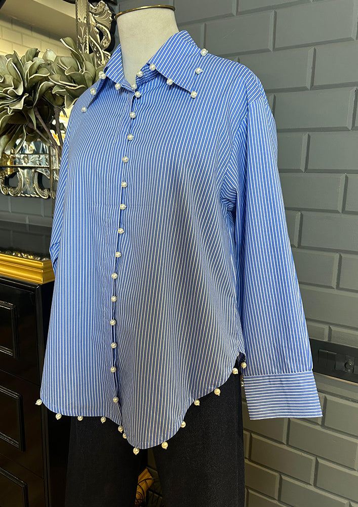 Blue & White Stripe pearl shirt IKI CHIC Private Ltd