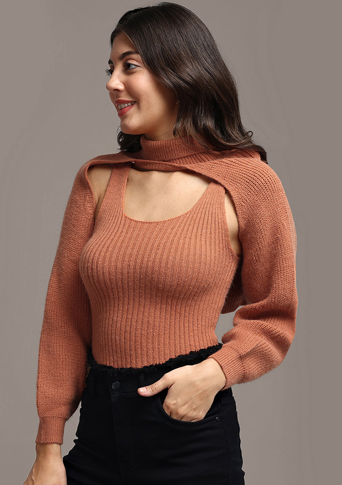 Brown Solid Two Piece Layered Jumper