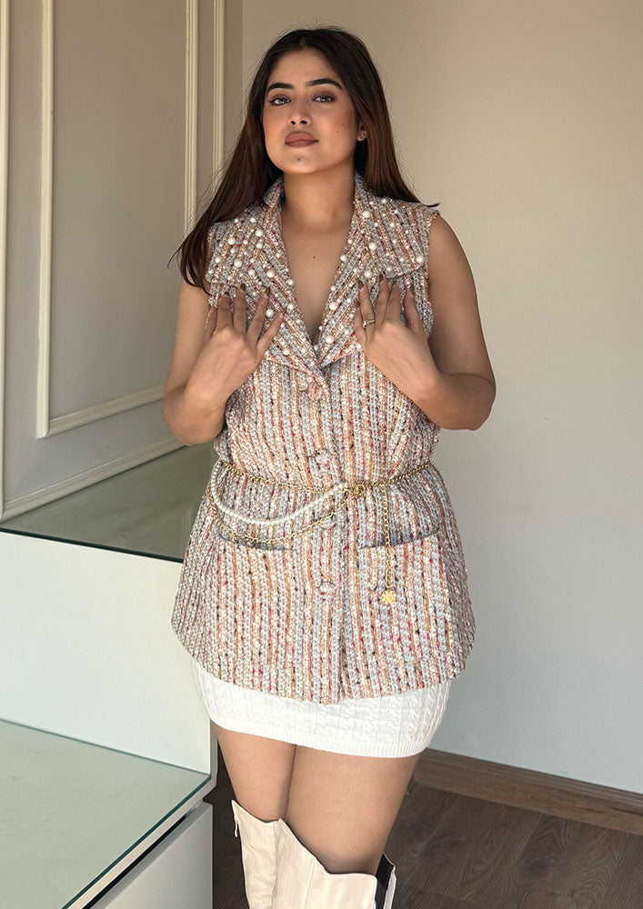 Blue Tweed Vest Jacket With Pearl Detailed Collar And Belt