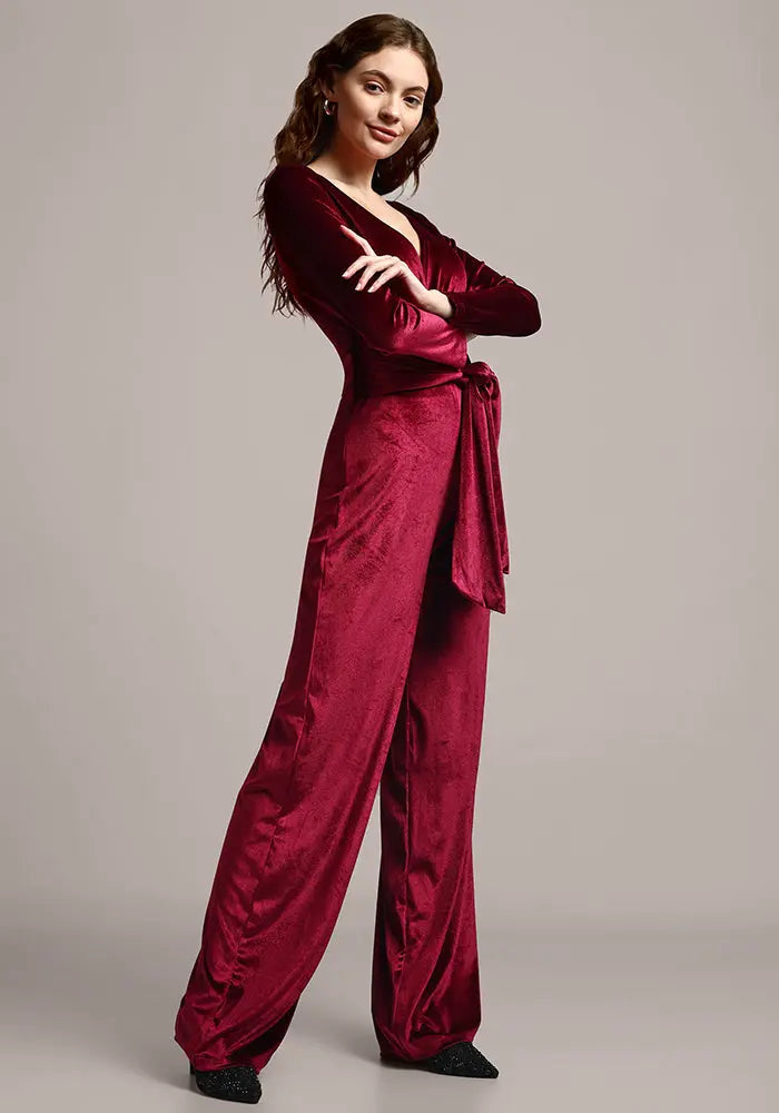 Velvet V-neck Long Sleeve Wide Leg Jumpsuit IKI CHIC Private Ltd