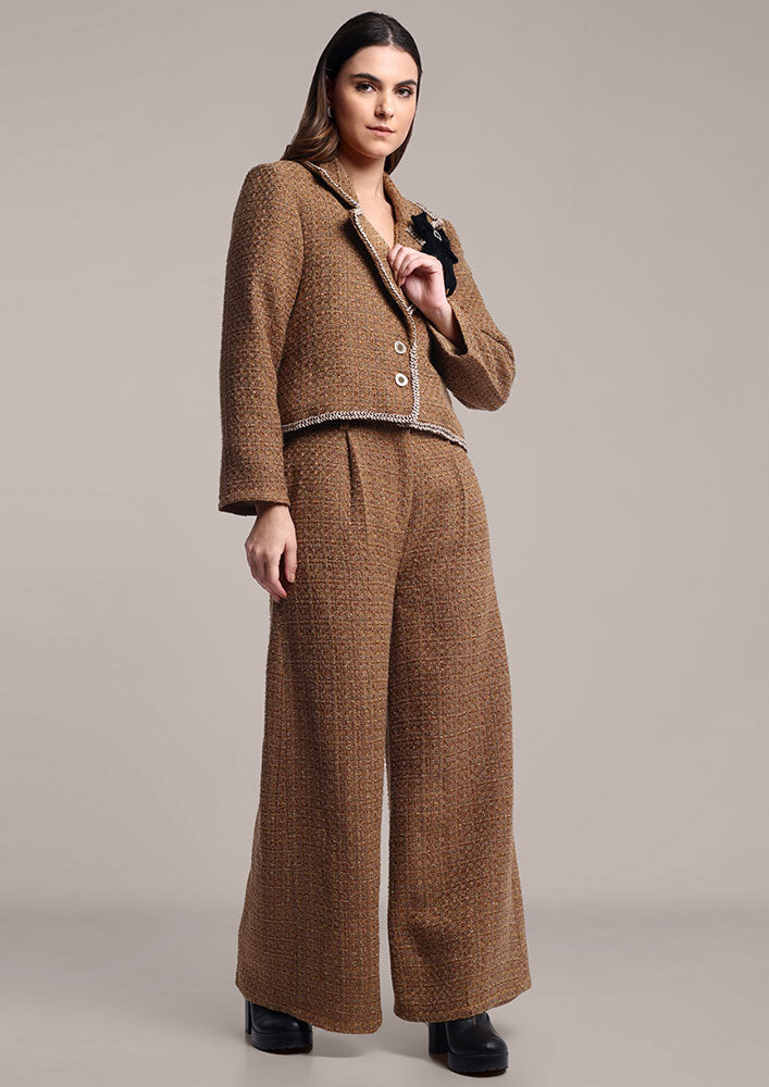 Brown Tweed Jacket with Swarovski Bow & Pants Set