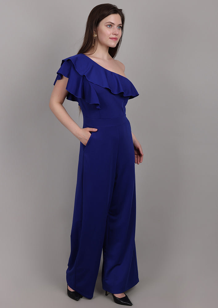 Blue One-Shoulder Jumpsuit with Front Ruffle IKI CHIC Private Ltd.