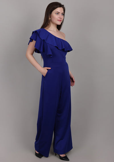 Blue One-Shoulder Jumpsuit with Front Ruffle