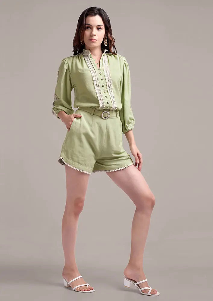 Pastel Green Lace Detailing  Shirt With High Waisted Shorts IKI CHIC Private Ltd