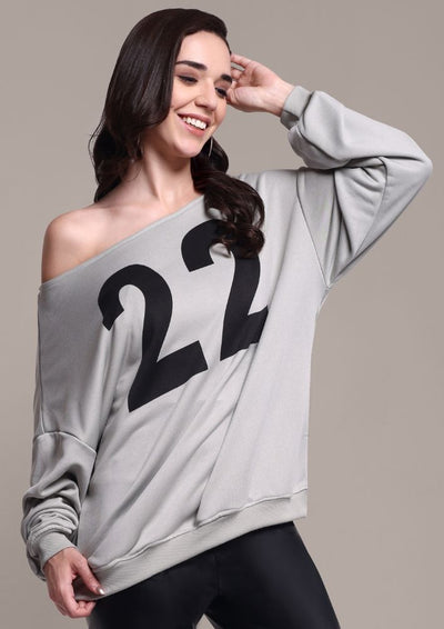 Soft Grey Oversize Off-Shoulder Graphic Print Sweatshirt