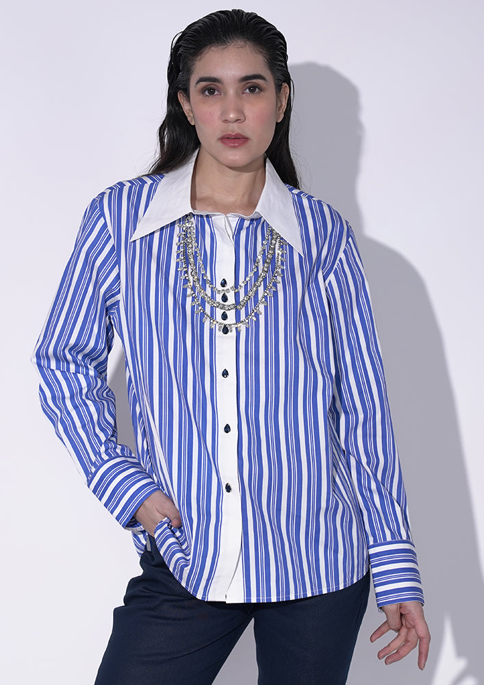 Blue Stripe Shirt with Swarovski Jewelry Design IKI CHIC Private Ltd.