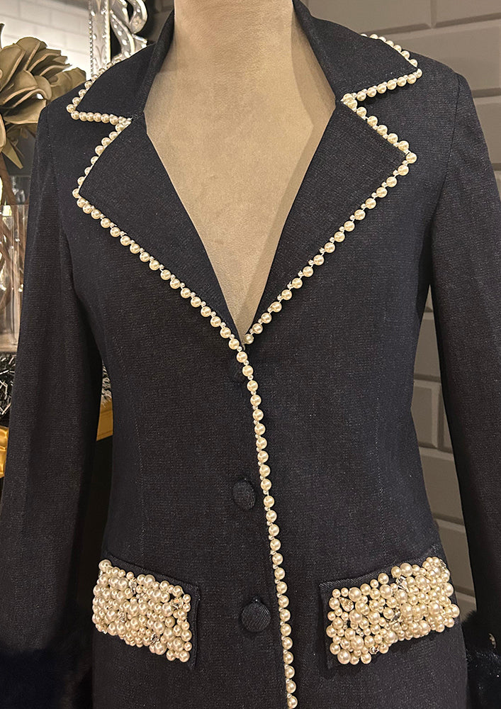 Pearl-Embellished Tailored Denim Blazer