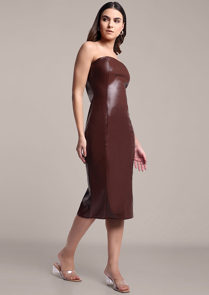 Brown Leather Bandeau Midi Dress