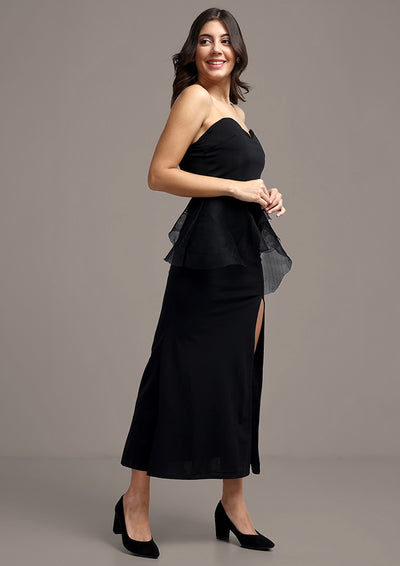 Black Solid Tube Maxi Dress With Long Slit