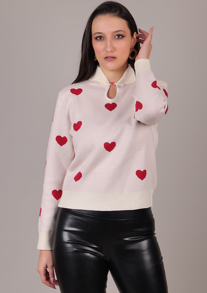 Off white Sweater With Heart Print IKI CHIC Private Ltd.