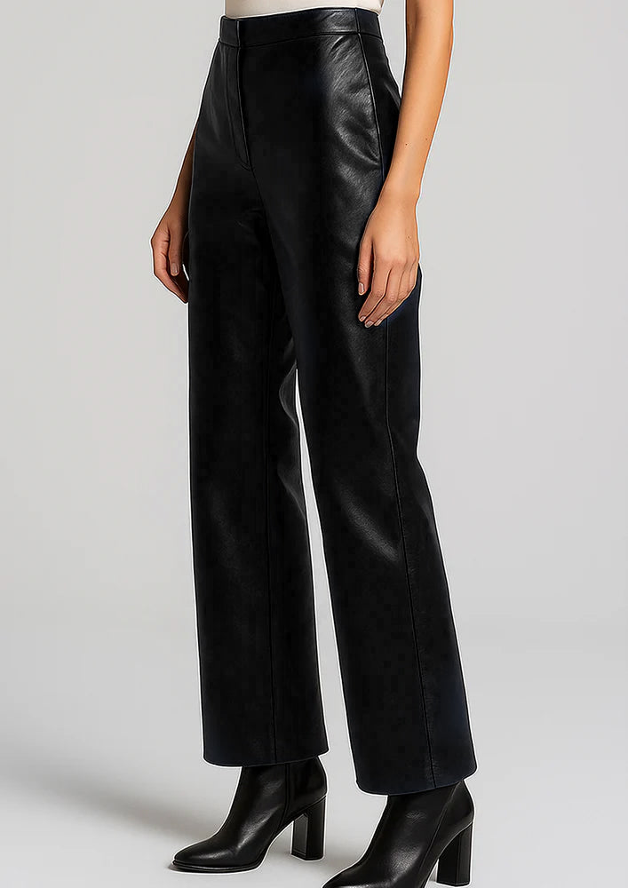 Navy Blue Straight Leather Pants