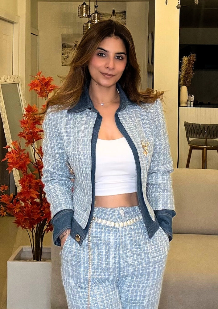 Light Blue Tweed Denim Jacket With Statement Buttons