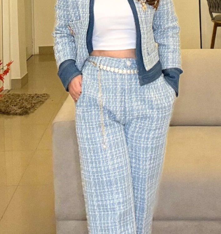 Light Blue Tweed Straight Trouser With Belt