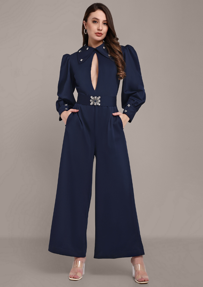 Blue Jumpsuit with Embellished Collar and Belt