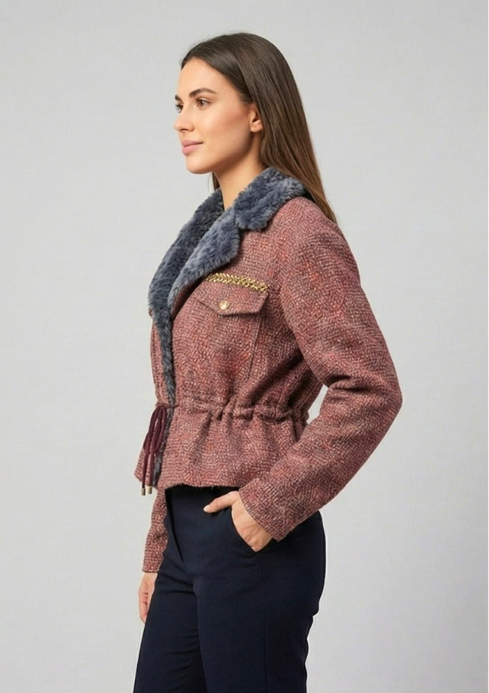 Grey Tweed Fur Collar Waist Tie-Up Jacket