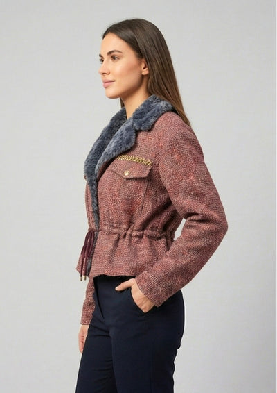 Grey Tweed Fur Collar Waist Tie-Up Jacket