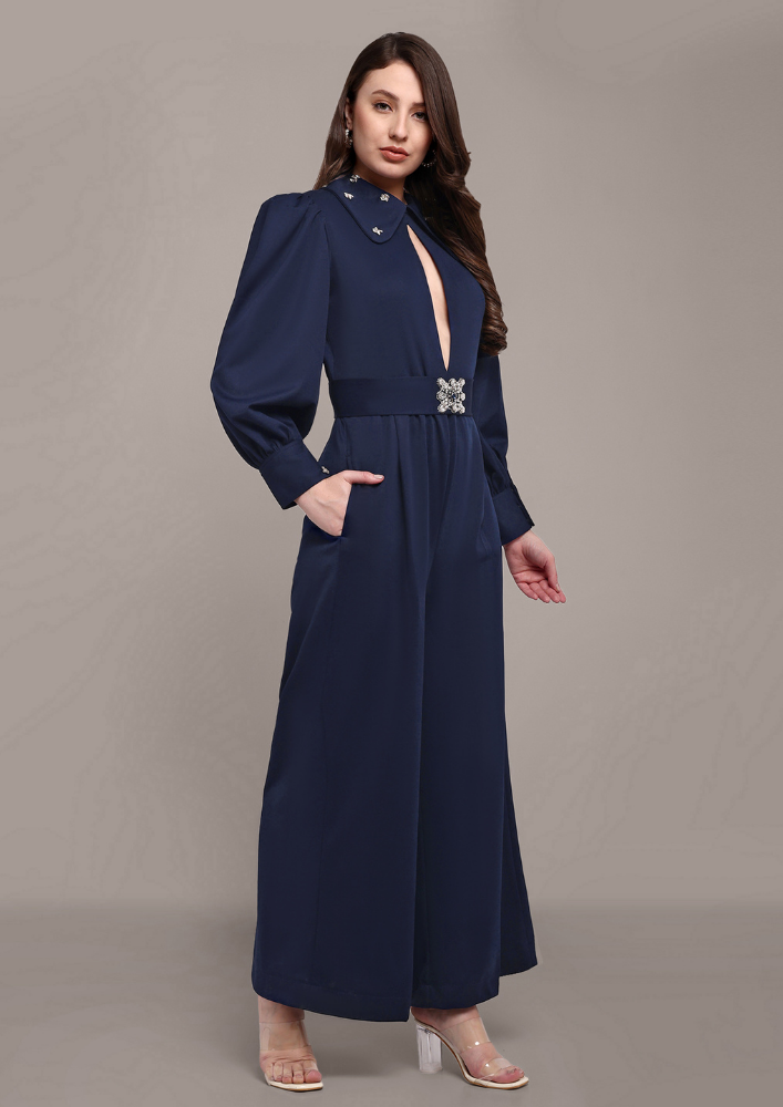 Blue Jumpsuit with Embellished Collar and Belt