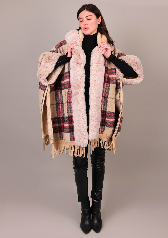 Plaid Pattern Poncho With Fur Detailing