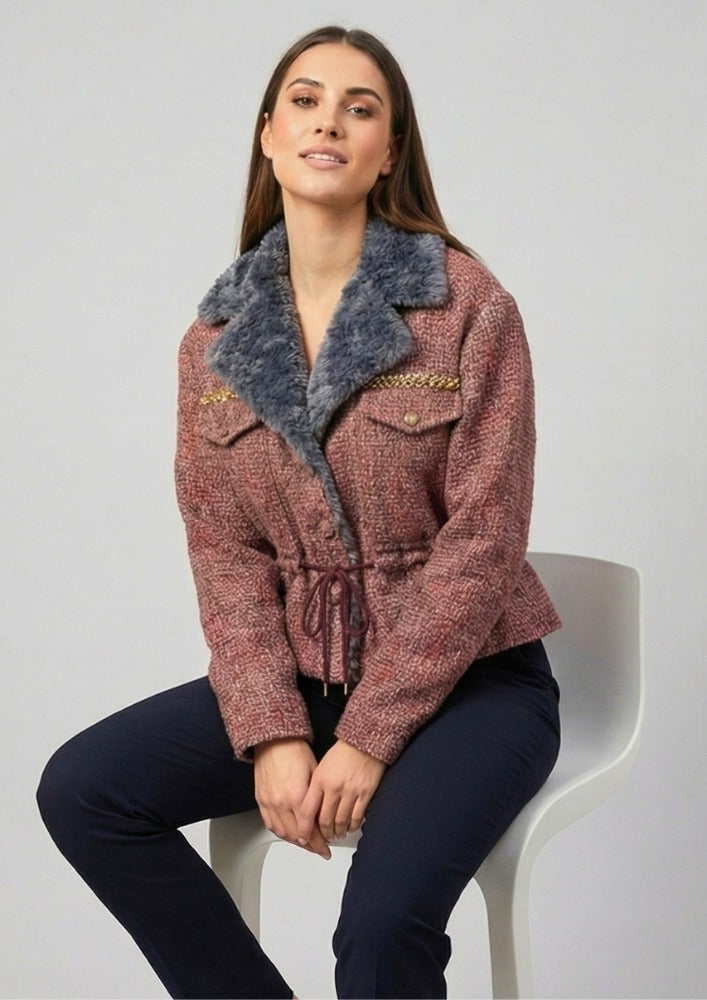 Grey Tweed Fur Collar Waist Tie-Up Jacket