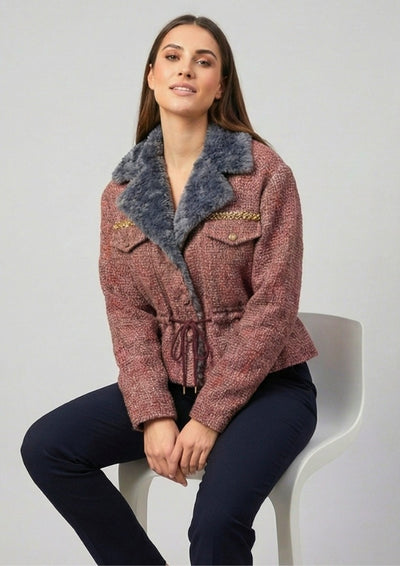 Grey Tweed Fur Collar Waist Tie-Up Jacket