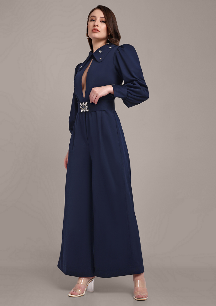 Blue Jumpsuit with Embellished Collar and Belt