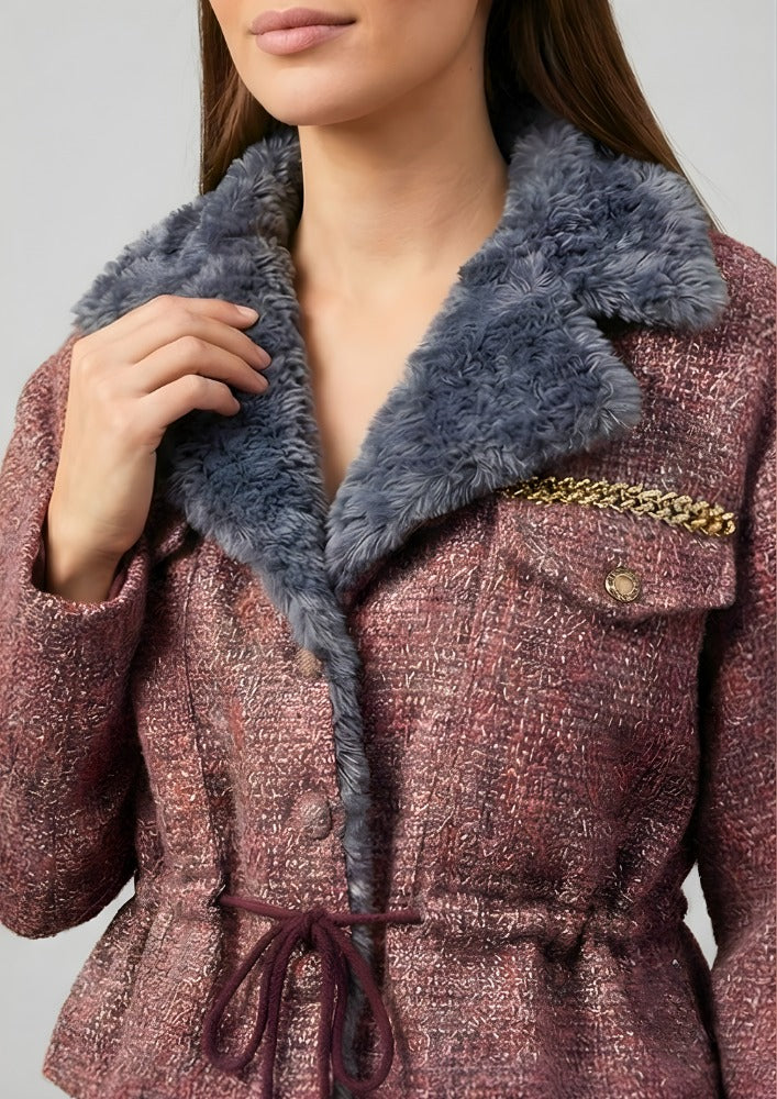 Grey Tweed Fur Collar Waist Tie-Up Jacket
