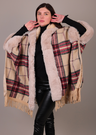 Plaid Pattern Poncho With Fur Detailing