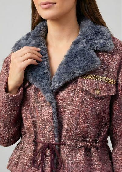 Grey Tweed Fur Collar Waist Tie-Up Jacket