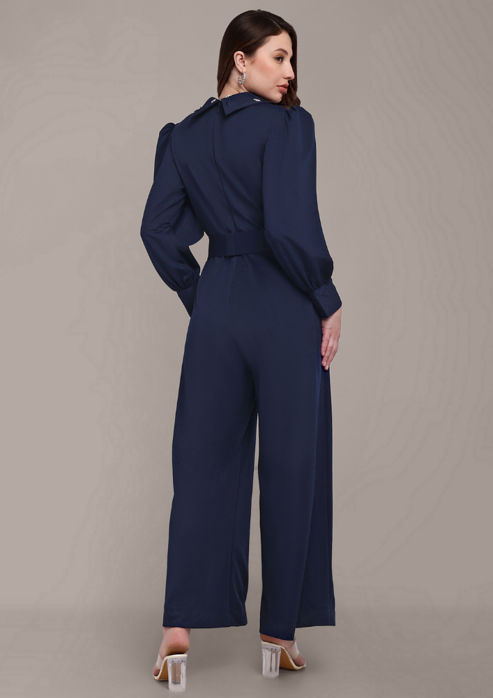 Blue Jumpsuit with Embellished Collar and Belt