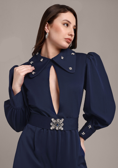 Blue Jumpsuit with Embellished Collar and Belt