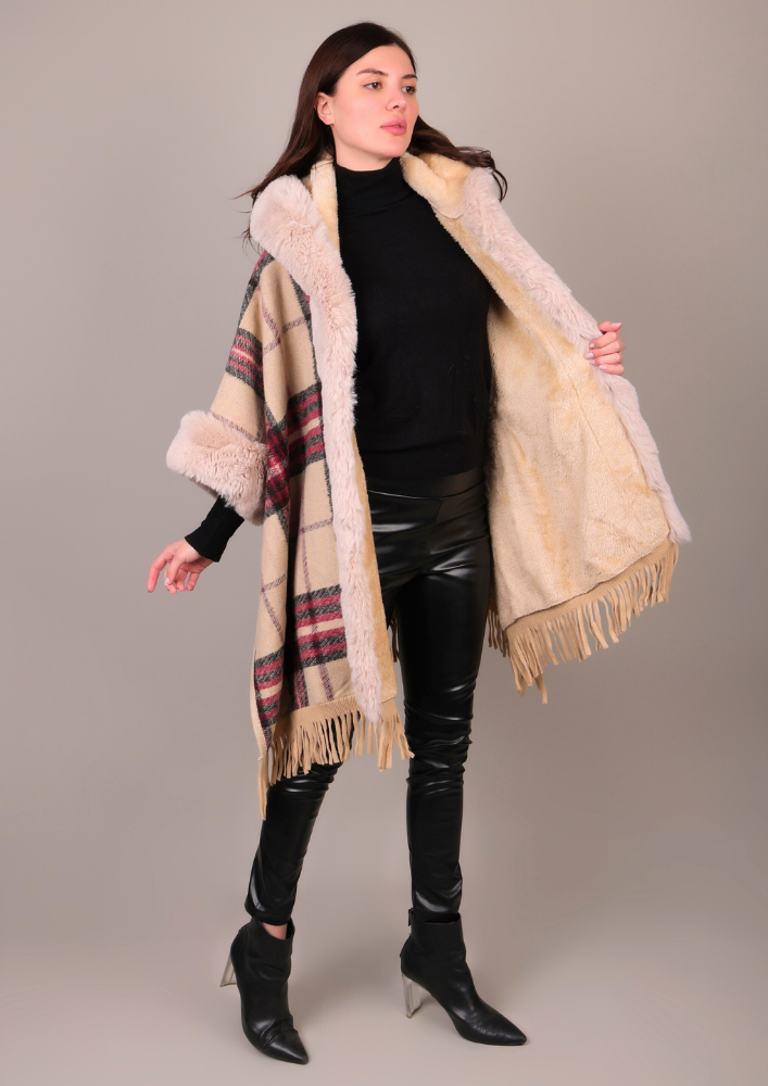 Plaid Pattern Poncho With Fur Detailing