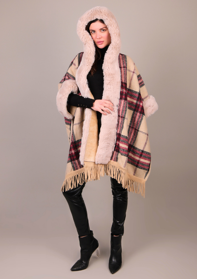 Plaid Pattern Poncho With Fur Detailing