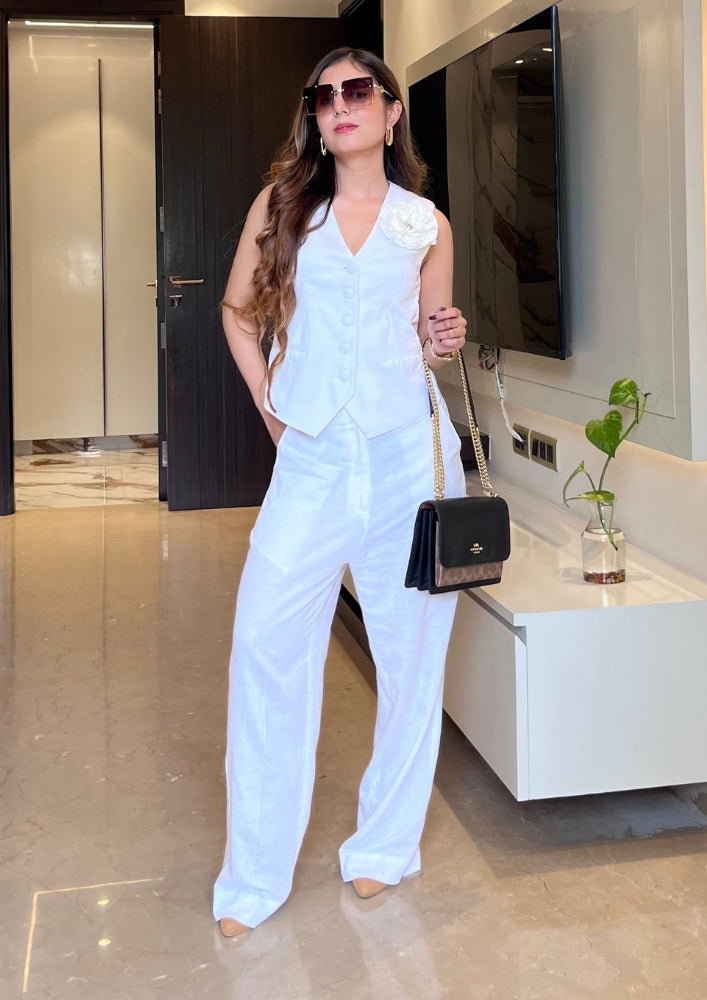 White Sleeveless Front Button-Up Vest With High Waisted Pants