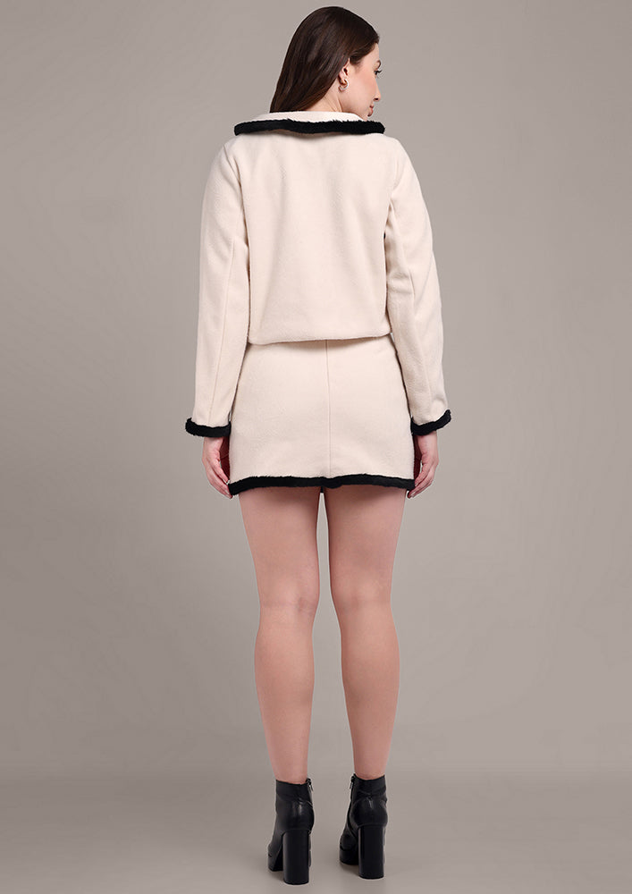 Off-White Blazer Skirt Set with Fur Detailing