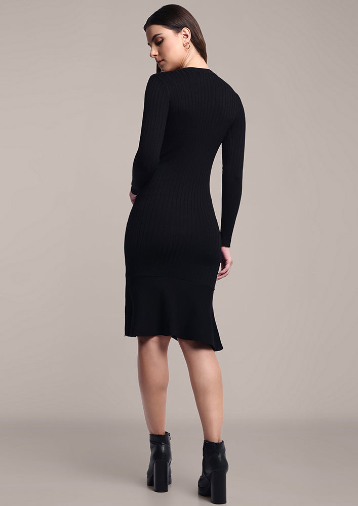 Black Knitted Dress with Side Button Placket