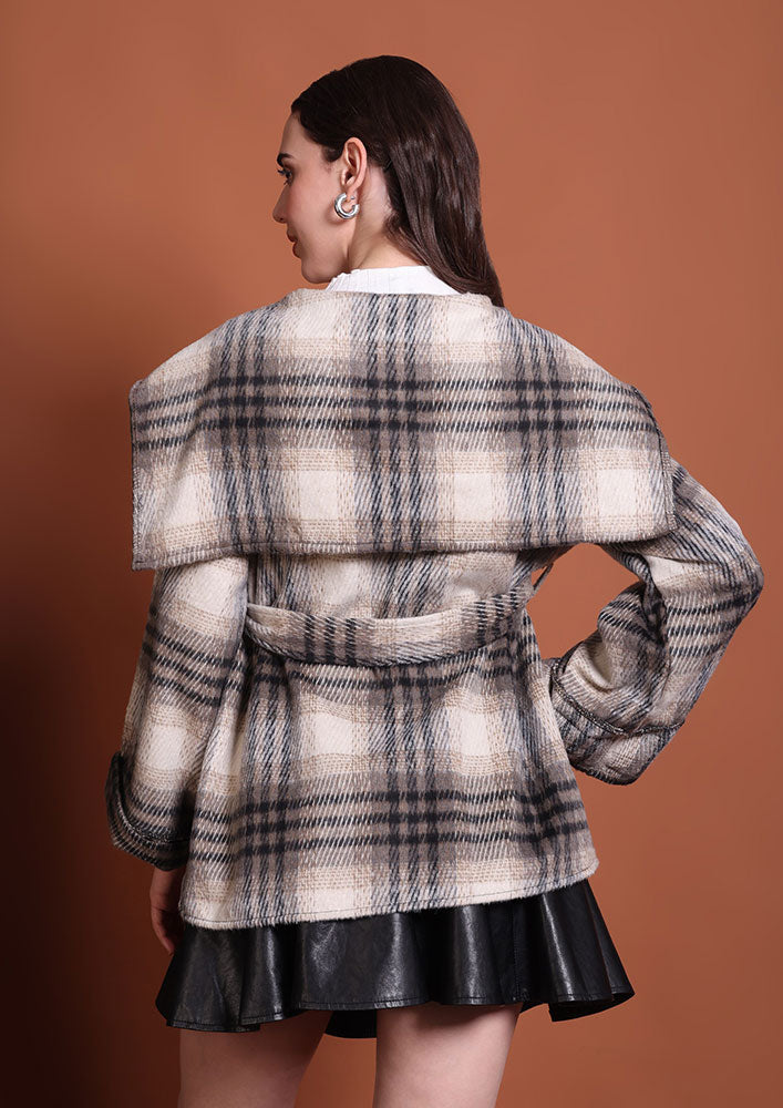 Beige & Brown Check Print Jacket