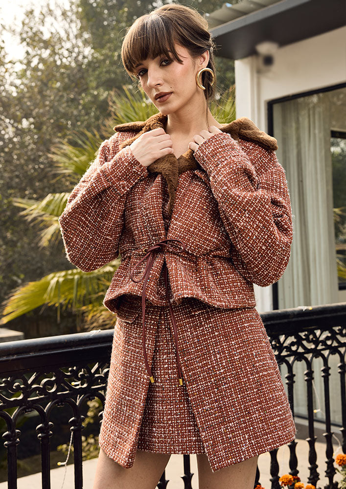 Rust Brown Tweed Fur Collar Waist Tie-Up Jacket Set With Skirt