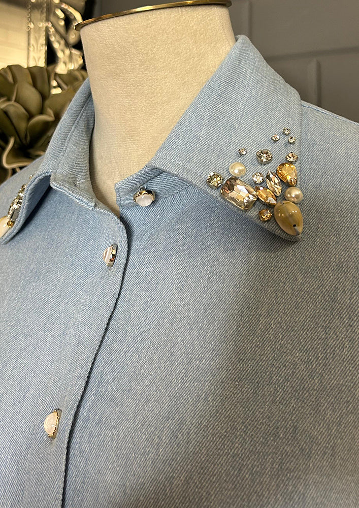 Light Blue Denim Shirt With Work On Collar