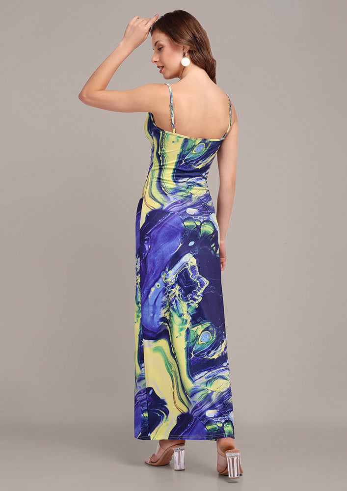 Multicolour Marble Print High Split Maxi Dress