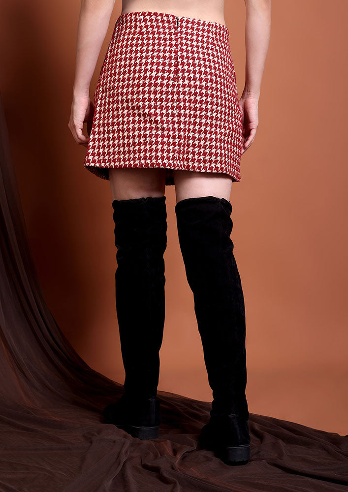 Handwoven Red & Cream Patterned Mini Skirt