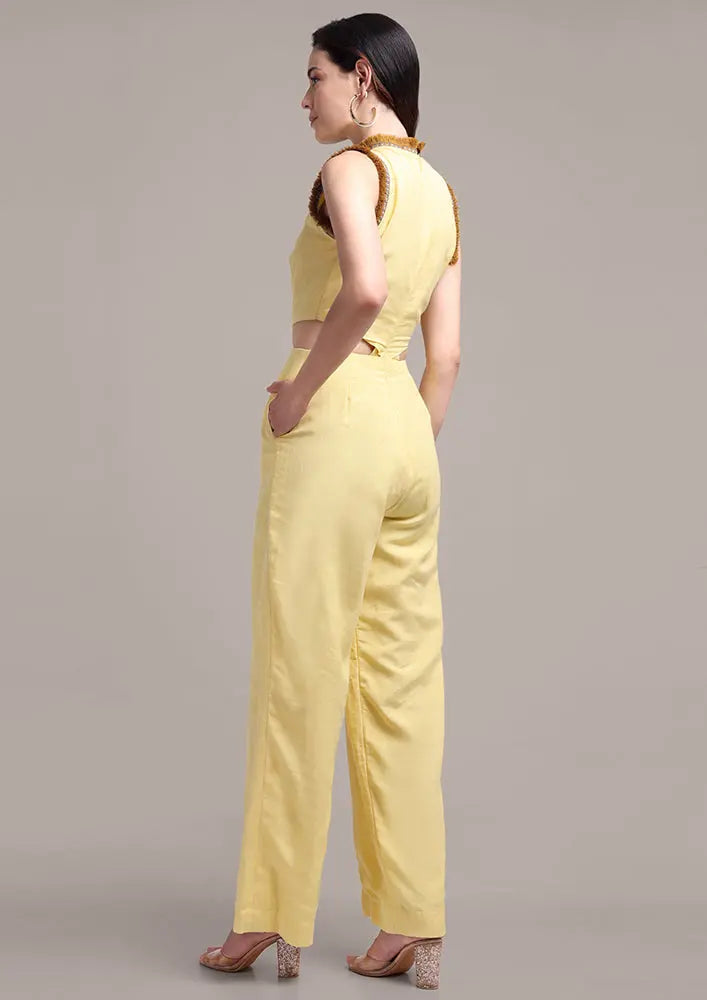 Yellow Halterneck Cut Out Design Sleeveless Linen Jumpsuit IKI CHIC Private Ltd