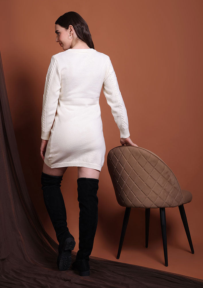 Ivory Cable-Knit Mini Dress with Gold Button Detail