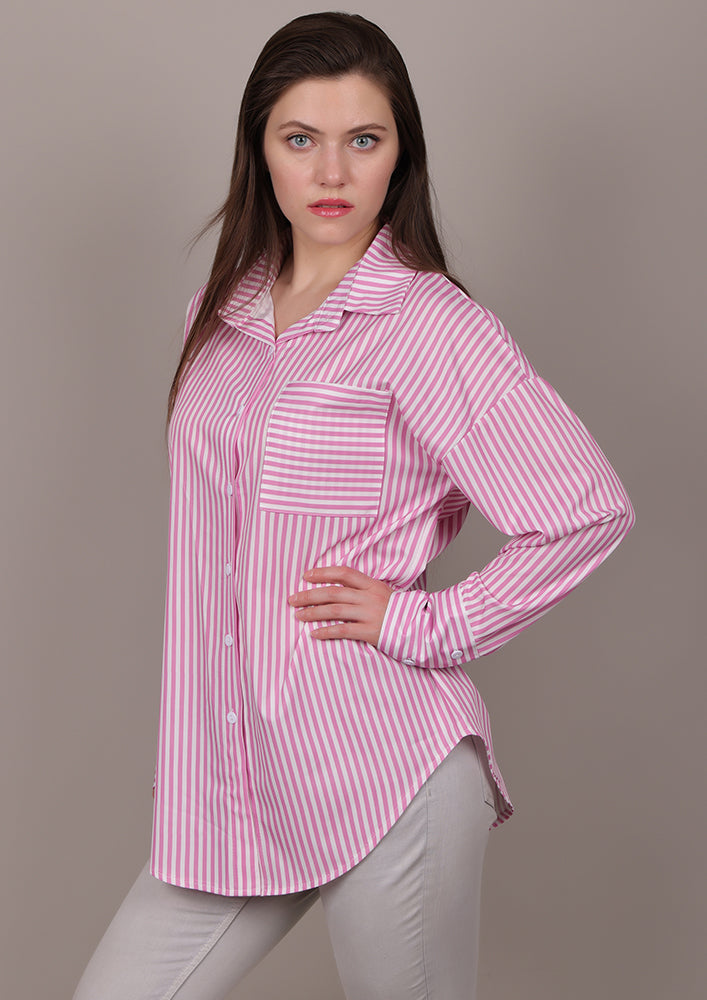Pink striped shirt with a horizontal-striped pocket IKI CHIC Private Ltd.