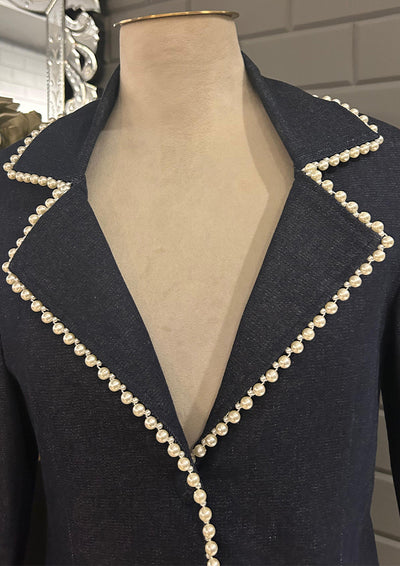 Pearl-Embellished Tailored Denim Blazer