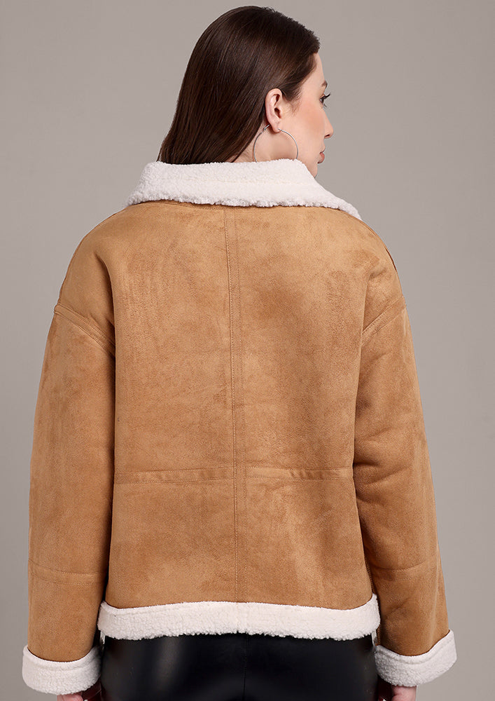 Beige Suede Jacket with Wool Detailing IKI CHIC Private Ltd.
