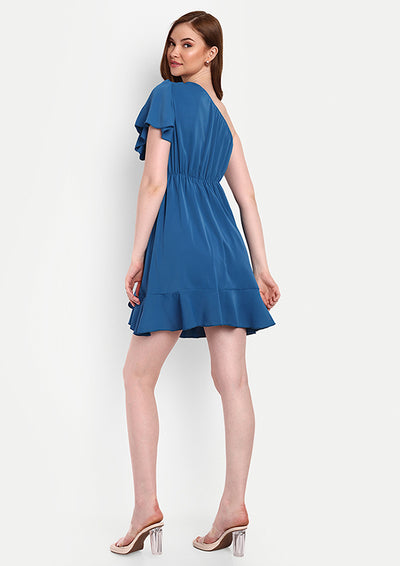 Blue One-shoulder Ruffle Mini Dress